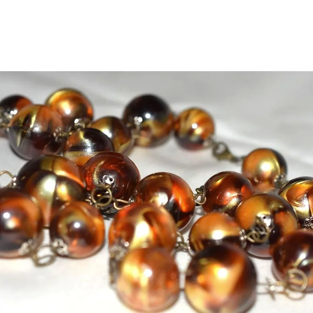 Vintage 60's Golden Swirl Resin Beads Gold Tone Link 24